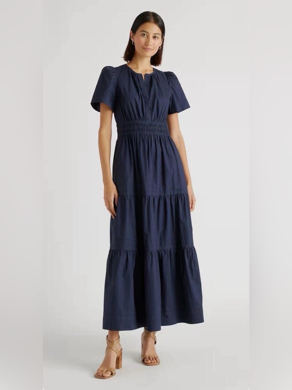 Quince Organic Cotton Poplin Tiered Maxi Dress Navy Size Large - Picture 2 of 8